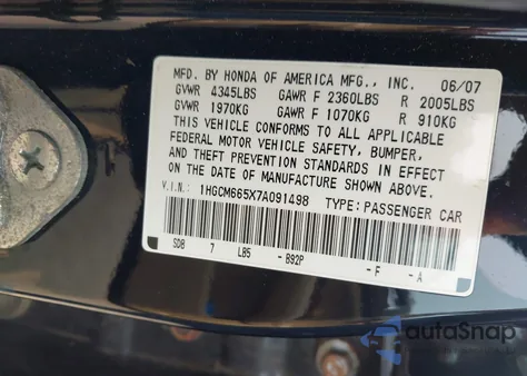 2007 Honda Accord 3.0 Ex z USA, uszkodzony, nr VIN 1HGCM665X7A091498